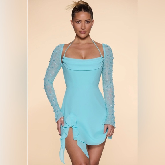 Oh Polly Light Blue Beaded Long Sleeve Dress